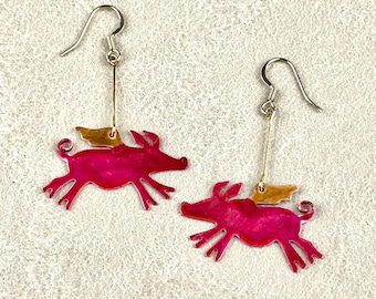 Pink Flying Pig Earrings Handmade Copper Animal Jewelry