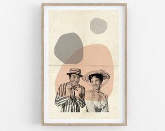 May include: A framed print featuring a vintage collage of two people in formal attire. The man wears a striped suit and hat, while the woman wears a hat and dress. The background has abstract shapes in gray and peach.