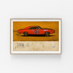 The DUKES of HAZZARD- movie poster- movie cars- General Lee- famous movie cars- vintage cars- race car poster- tv car print- car prints- car