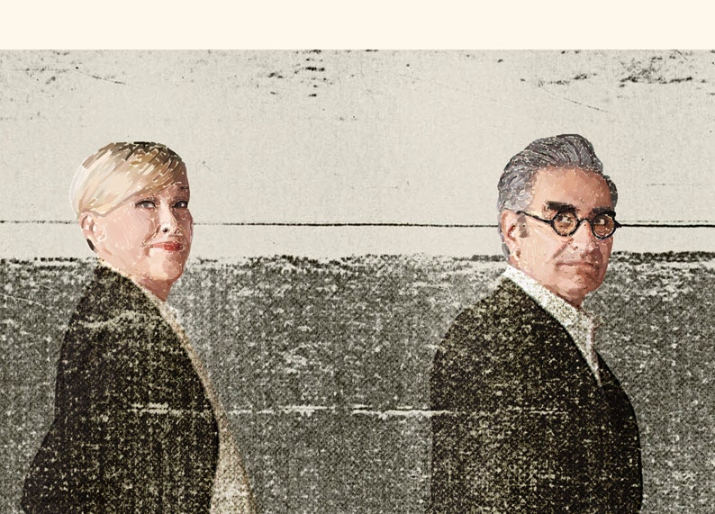Puede incluir: Ilustraci&oacute;n de dos personas, una mujer con cabello rubio y un hombre con cabello gris y gafas, ambos con chaquetas oscuras. El fondo presenta un paisaje texturizado y neutro con una l&iacute;nea de horizonte.