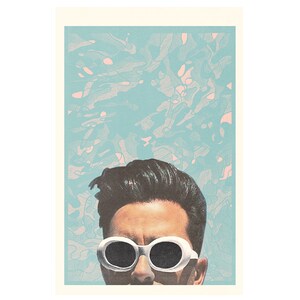 May include: Illustration of a person wearing white oval sunglasses, with a blue and pink abstract background. The person has dark hair and a serious expression. The artwork has a vintage, retro aesthetic.