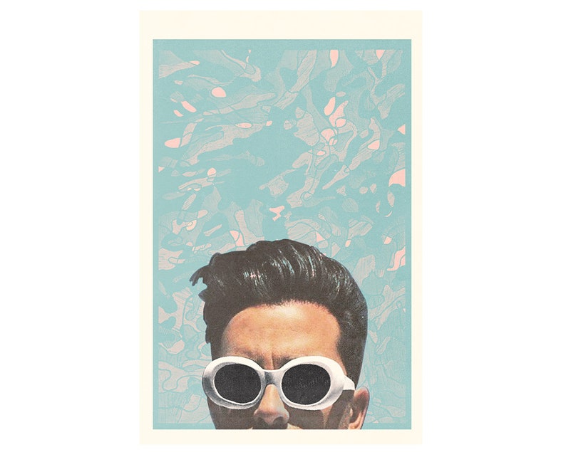 May include: Illustration of a person wearing white oval sunglasses, with a blue and pink abstract background. The person has dark hair and a serious expression. The artwork has a vintage, retro aesthetic.