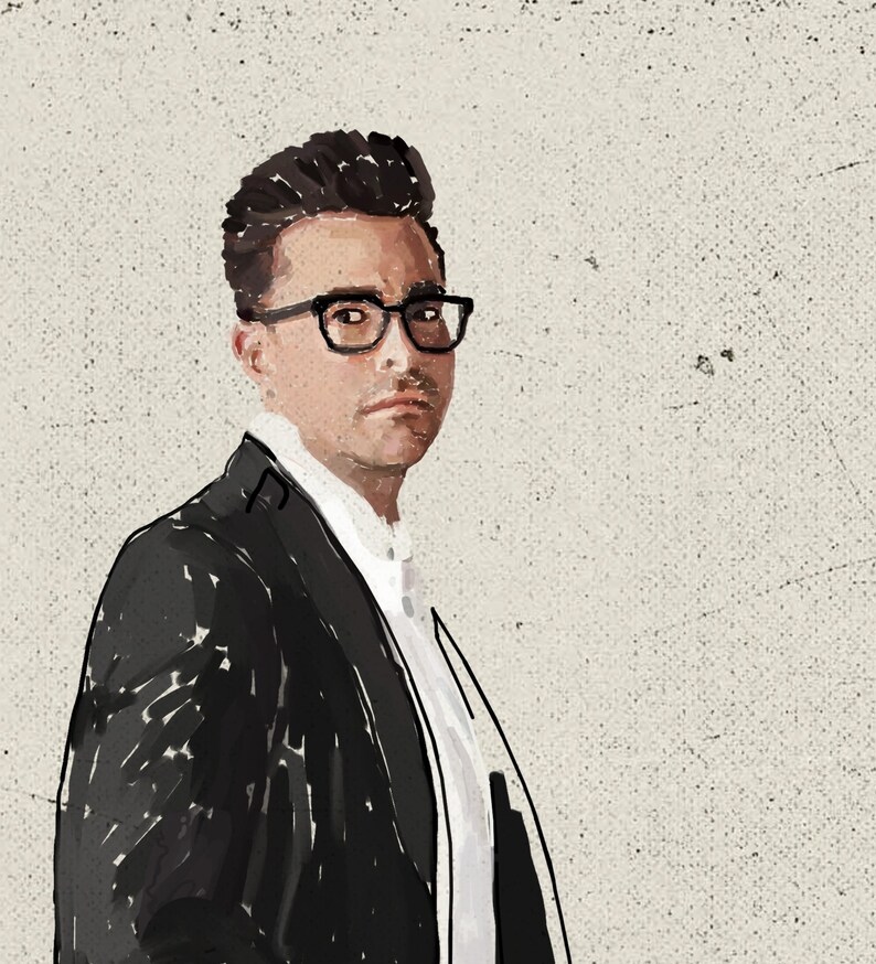 Puede incluir: Ilustraci&oacute;n digital de una persona con gafas negras, una camisa blanca con cuello y un blazer negro. La obra de arte tiene un fondo texturizado, blanquecino, con un estilo esbozado.