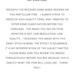 May include: White background with black text that reads "HEY EVERYONE!" followed by a message about product quality and image clarity. The text emphasizes the deliberate design and encourages thorough image review before purchase.