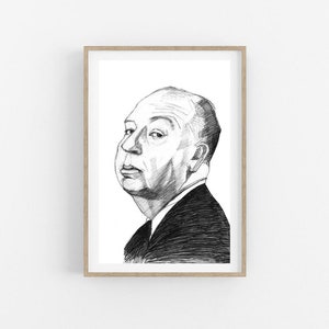 HITCHCOCK- Schwarzweiß Druck- Hitchcock Druck- schwarz weiß Kunst- Bleistift Zeichnung- Minimalistisches Poster- Original Poster- Portrait Druck