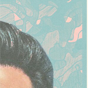 May include: An abstract art print featuring a portion of a person's face with dark hair and sunglasses. The background is a light blue with pink and white organic shapes, creating a vintage aesthetic.