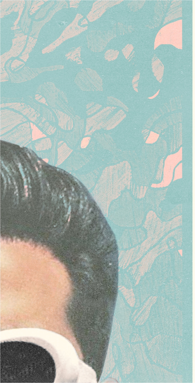 May include: An abstract art print featuring a portion of a person's face with dark hair and sunglasses. The background is a light blue with pink and white organic shapes, creating a vintage aesthetic.
