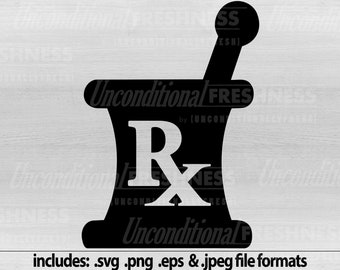 May include: Black and white graphic of a mortar and pestle with the Rx symbol inside. The image includes the text "Unconditional FRESHNESS" and file format information: .svg .png .eps & .jpeg.