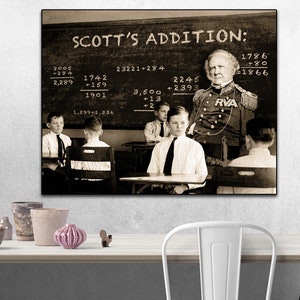 May include: A black and white photo of a classroom scene with a teacher and students. The teacher is standing in front of a chalkboard with the words "SCOTT'S ADDITION" written on it. The teacher is wearing a military uniform and has a stern expression on his face. The students are sitting at their desks and appear to be paying attention to the teacher. The chalkboard also has several math problems written on it.