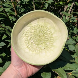 May include: A round ceramic grater plate with a pale cream and light green glaze. The center features a raised, spiral-patterned texture designed for grating food, surrounded by a smooth, slightly uneven rim and a glossy, crackled finish.
