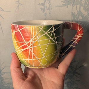 Rainbow Geometric Sgraffito Ceramic Mug 8oz