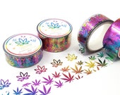 PAIR (2 rolls) Rainbow Foil Marijuana Washi Clear Tape - 20mm Realistic Leaves and 15mm Stylized leaves cannabis 420 washi paper tape
