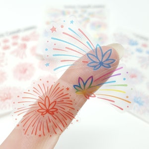 Stickers feux d'artifice transparents en forme de feuille de marijuana *Produit retiré du service - stock final* | Feux d'artifice de la fierté, feux d'artifice du 4 juillet, autocollants patriotiques contre les mauvaises herbes