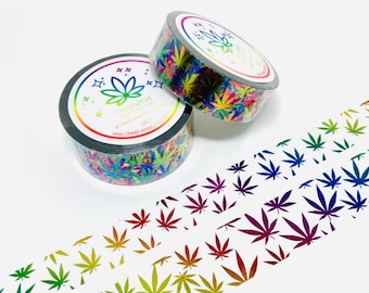 PAIR (2 rolls) Rainbow Foil Marijuana Washi Clear Tape - 20mm and 15mm realistic leaves | cannabis 420 washi paper tape