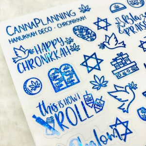 HELDERE GEFOILDE Chanoeka-marihuanastickers en handgeschreven stickers *Betertijd product: definitieve voorraad* | 420 Mazel-Tov Cannabis Dreidel Menora