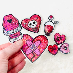 Anti-Valentine glitter die cut stickers *Retiring Product - final stock* | gothic spooky valentine, creepy skateboard laptop glitter sticker