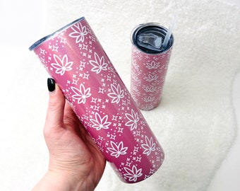 Toasted Tumblers - iridescent pink stainless steel tumbler with white stylized pot leaf applique | cannabis weed marijuana