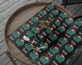 Mens Christmas Wrapping Paper - Gnome for Him Personalized Gnome Gift Wrapping Paper - Black Christmas Paper - Gift wrap