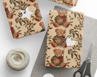 Vintage Teddy Bear Christmas Wrapping Paper | Nostalgic Ralph Holiday Gift Wrap | Lauren Classic Christmas Decor