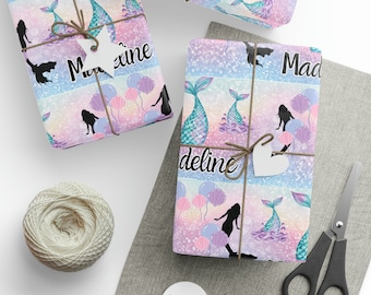 Mermaid Birthday Name Wrapping Paper Name - Personalized Mermaid Purple Pink Wrapping Paper - Custom Birthday Gift - Magical Mermaid Party