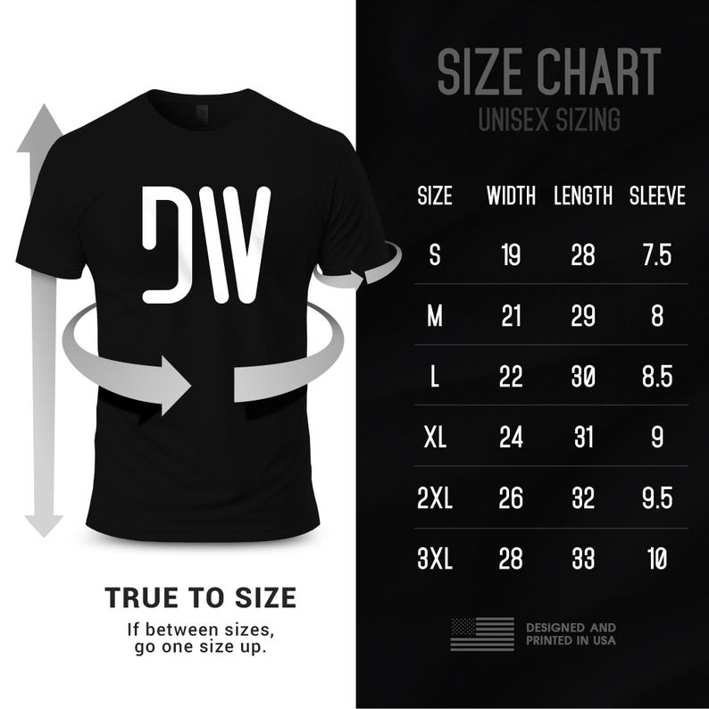 Size chart with unisex sizing