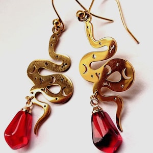 Persephone Serpent Earrings: Red Pomegranate, Gold Snake Charm,