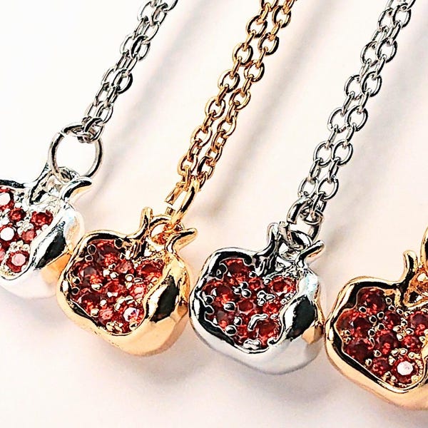 Gold Pomegranate Necklace Dark Red Garnet Pendant Stainless Steel Chain