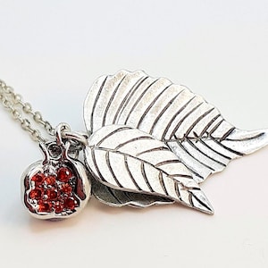 Pomegranate Leaf Persephone Necklace Greek Myth Dark Academia Hanukah Bat Mitzvah Gift Judaica Fertility Growth Symbolic Jewelry for Her