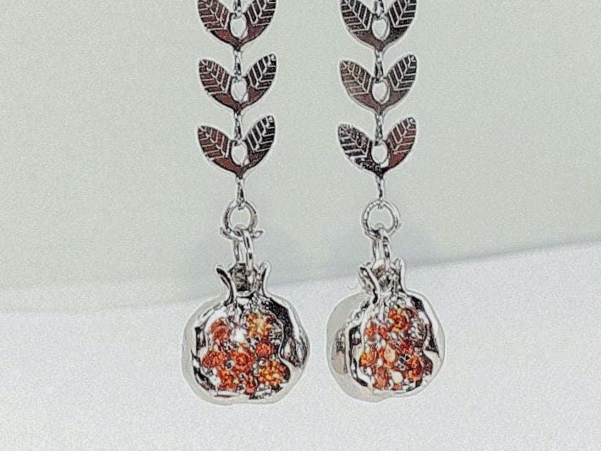 Silver Gold Pomegranate Laurel Leaf Garnet Drop Earring Greek Myth Persephone Minimalist Roman Goddess Jewellery Judaica Toga Costume Gift