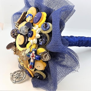 Button Brooch Bouquet Wedding Bouquet Blue Yellow Destination Elopement Forever blooms Vintage Sustainable Bridal Accessory occasion Posy