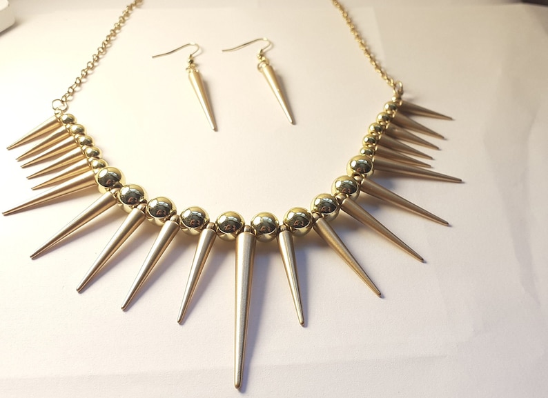 Gold Spike Necklace Matte Gold Spiked Collar Metallic Gold Bead Spike Necklace Whimsigoth Necklace Tribal Style Necklace Statement Piece image 6