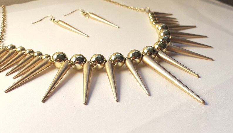 Gold Spike Necklace Matte Gold Spiked Collar Metallic Gold Bead Spike Necklace Whimsigoth Necklace Tribal Style Necklace Statement Piece image 7