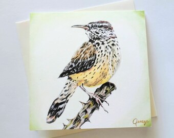 Cactus Wren Greeting Card | Oil Painting Print | Blank Inside | Animal Portrait