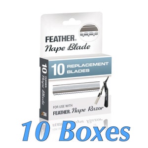 May include: A pack of 10 Feather Nape Razor replacement blades. The package is blue and white and says "10 Replacement Blades" and "For use with Feather Nape Razor".