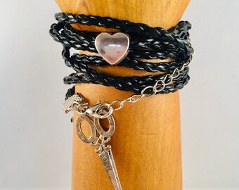 Braided scissor wrap bracelet with small scissors and heart, black or brown leather