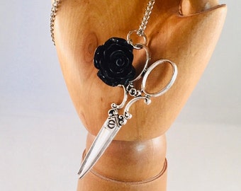 Scissor necklace with a black rose, silver alloy