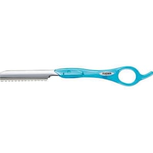 May include: A blue and silver safety razor with a comfortable grip handle. The razor has a Feather logo on the handle.