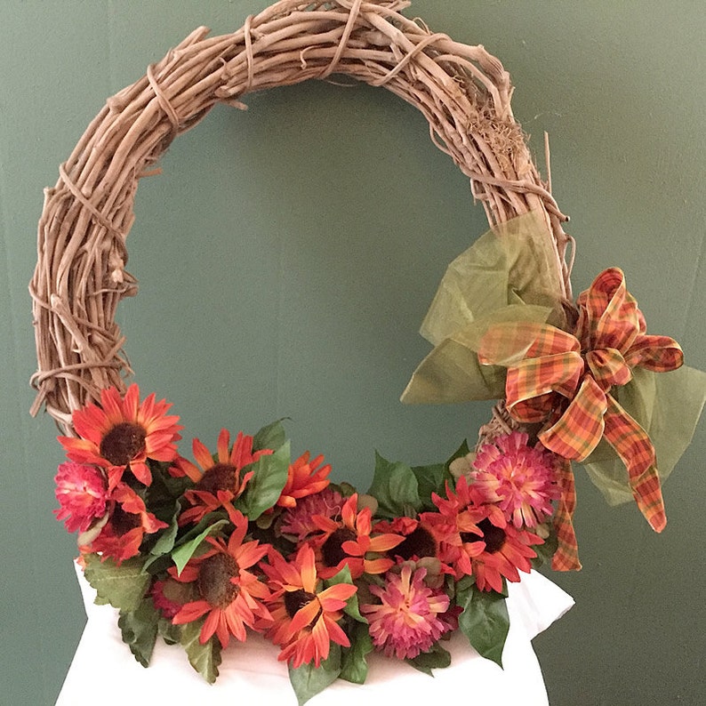Grapevine Wreath with Flowers and Bow image 1