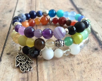 Seven Chakras Bracelet, Energy Bracelet, Chakra Memory Bracelet, Yoga Wrist Mala, Double Wrap Bracelet, Rainbow Chakra Bracelet.