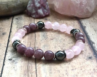 Lepidolite Bracelet, Anxiety Awareness Bracelet, Lithium Crystal Bracelet, Rose Quartz Bracelet, Lithium Jewelry, Mental Balance Bracelet.