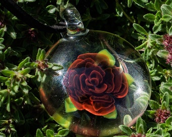 Blown Glass Rose Necklace for Men for Women - Glass Flower Pendant Necklace - Stocking Stuffers for Women - Lampwork Flower Necklace