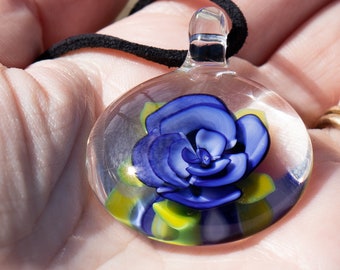 Glass Floral Pendant Necklace - Blown Glass Blue Rose Jewelry Pendant - Blue and White Jewelry for Mom - Christmas Gifts for Friends
