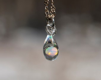 Small Glass Pendant with Opal - Glass Teardrop Necklace - Hand Blown Glass Pendant Necklace - Glitter Glass Jewelry - Dainty White Opal