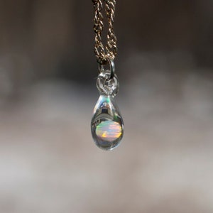 Small Glass Pendant with Opal - Glass Teardrop Necklace - Hand Blown Glass Pendant Necklace - Glitter Glass Jewelry - Dainty White Opal Tiny