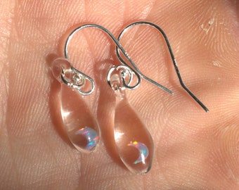 Hand Blown Glass Earrings - Moon Opal Earrings Dangle - Glass Jewelry - Lampwork Teardrop Earring - Clear Glass Opal Earring