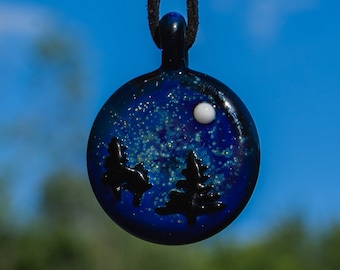 Full Moon Forest Glass Pendant - Forest Jewelry - Heady Glass Pendant - Lampwork Tree Jewelry - Silver Fumed Pendant - Tree Necklace