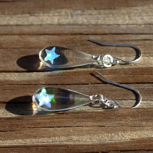 Hand Blown Glass Star Earrings - Opal Earrings Star - Space Glass Jewelry - Lampwork Teardrop Earring - Clear Glass Luck Earring
