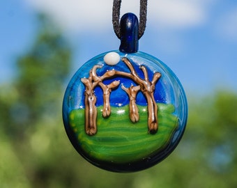 Full Moon Forest Glass Pendant - Forest Necklace - Heady Glass Pendant - Tree Necklace - Hippie Pendant Necklace