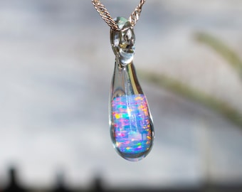 Heady Glass Pendant with Opal - Mothers Day Gift for Mom  - Glass Teardrop - Blown Glass Pendant Necklace - Dichroic Glass Pendant