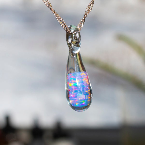 Heady Glass Pendant with Opal - Mothers Day Gift for Mom  - Glass Teardrop - Blown Glass Pendant Necklace - Dichroic Glass Pendant